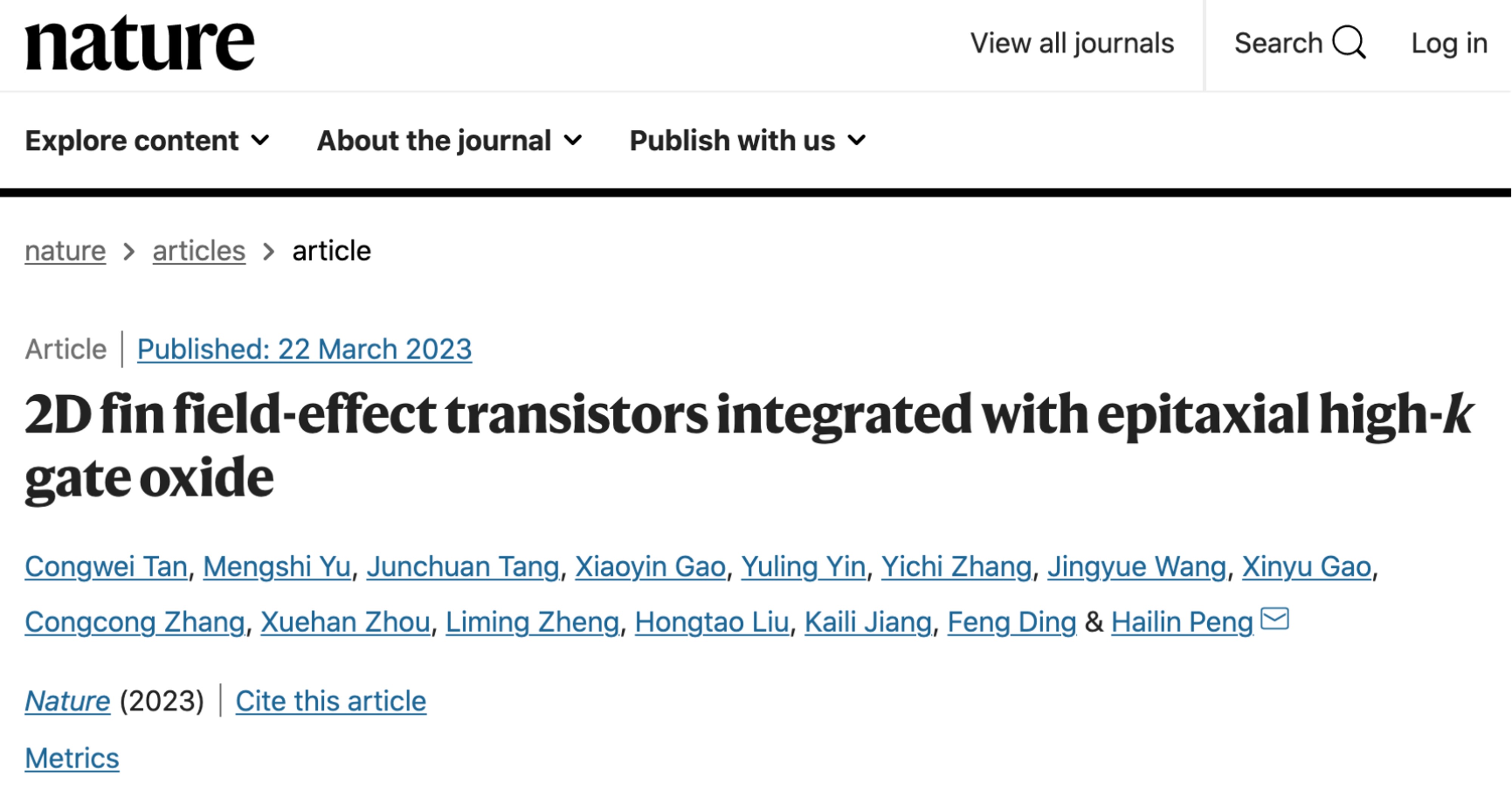 Nature | 彭海琳课题组报道首例外延高κ栅介质集成型二维鳍式晶体管